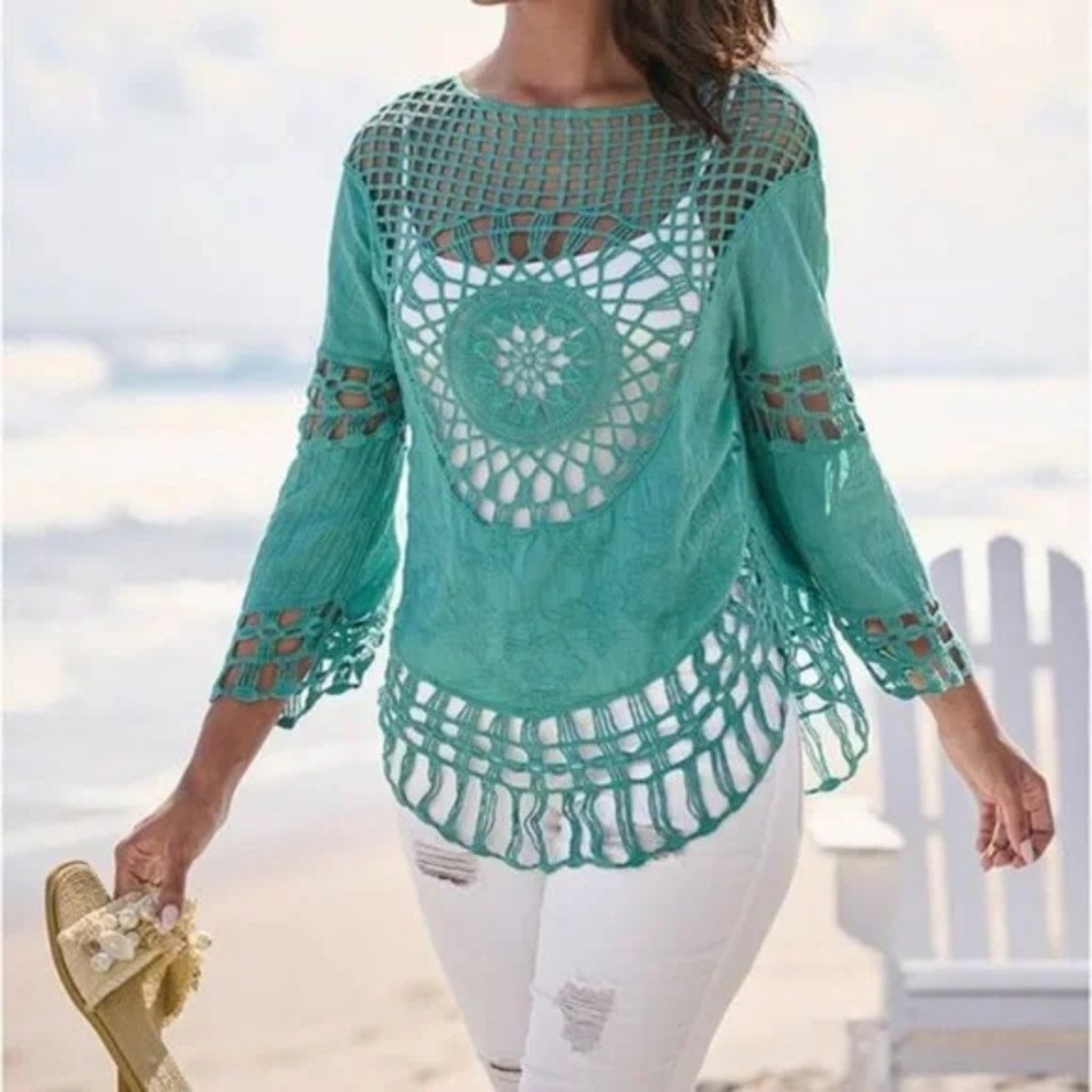 VENUS - Teal Crochet Asymmetrical Cover Up with 3/4 sleeves